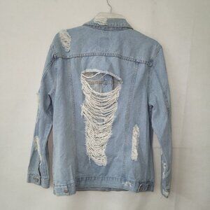 BoomBoom Jeans Jacket Women L Blue Shredded Distressed Denim Button Front Pocket
